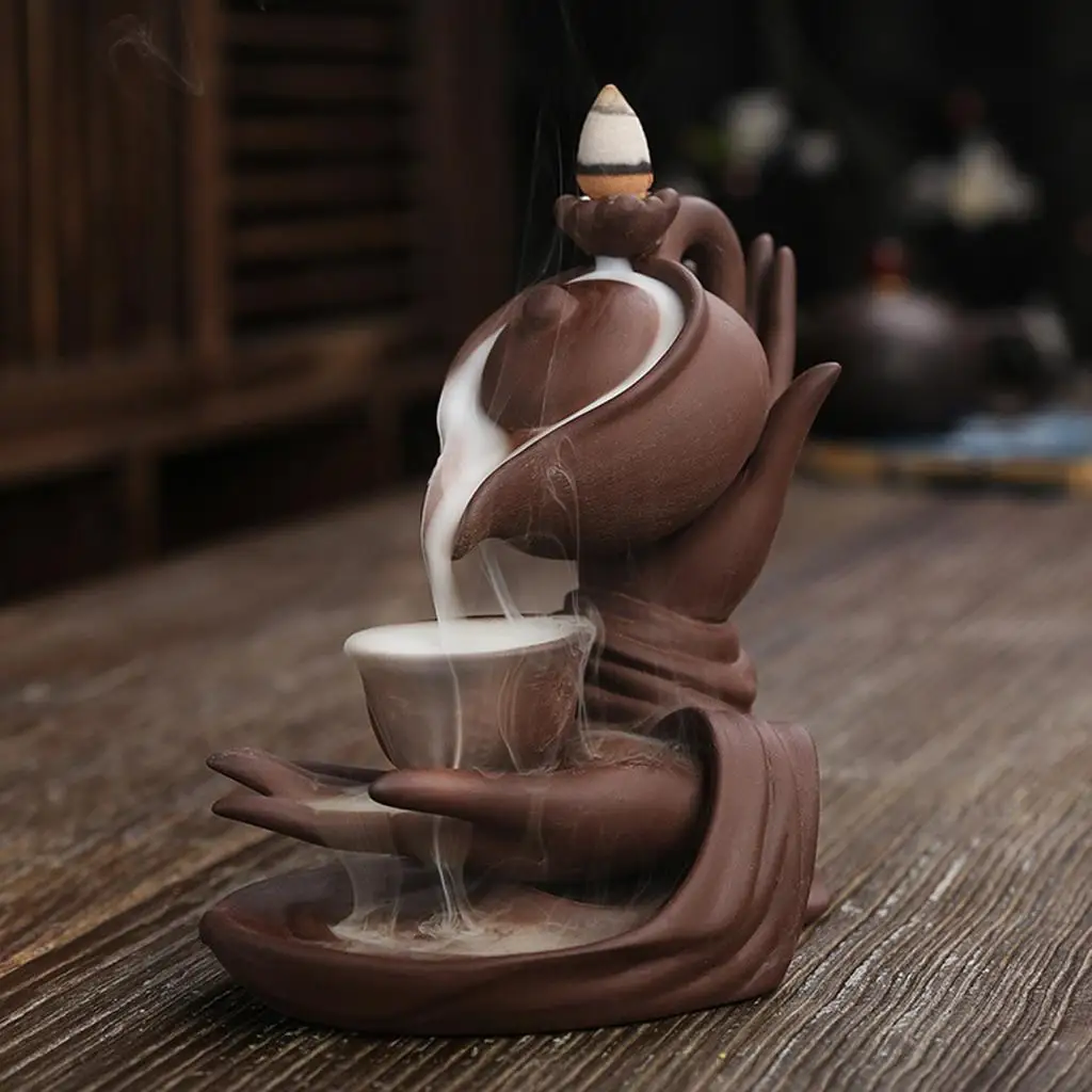 Buddha Hand & Teapot Shaped Incense Cone Burner Holder Waterfall Backflow Home Meditation Rooms Decor