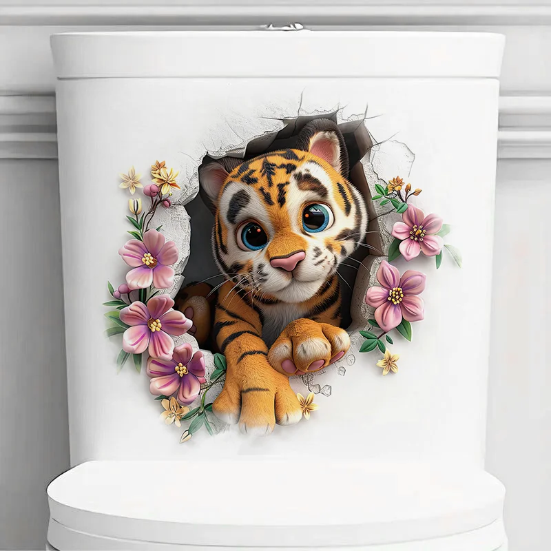 

90796# Cute Tiger with FlowersToilet Sticker, Durable Material, Perfect for Home Wall Decor, Aesthetic Room Decoration
