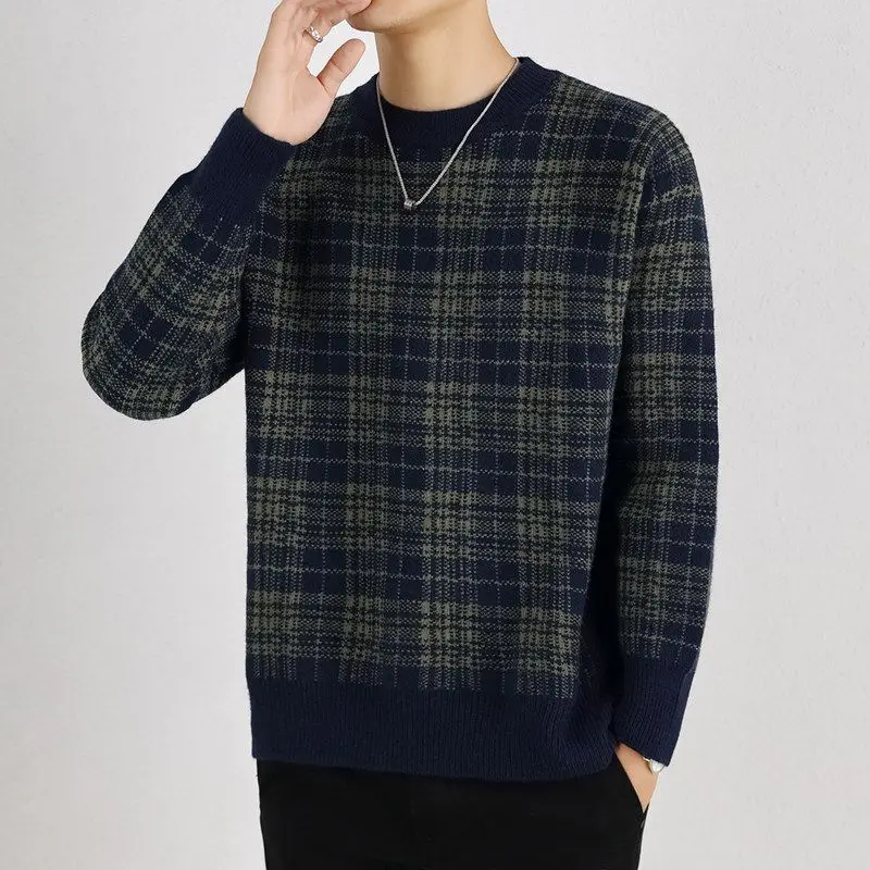 

Vintage Plaid O-Neck Sweaters Men's Clothing Young Style Casual Autumn Winter Basic Contrasting Colors Spliced Knitted Pullovers