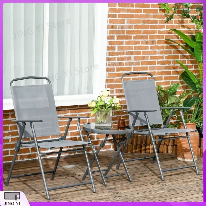 Folding Patio Bistro Set Outdoor Chairs and Coffee Table for Balcony Garden Yard Deck Grey Aluminum Steel