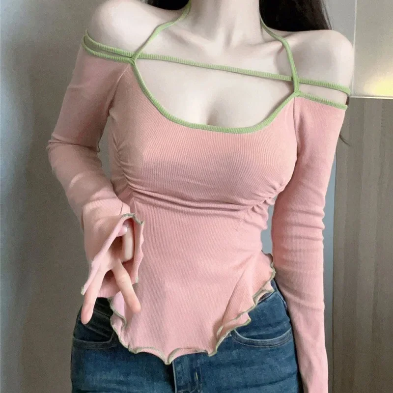 Human Cotton Sexy Neck One-word Shoulder Long-sleeved T-shirt Women's Spring And Autumn Short Top