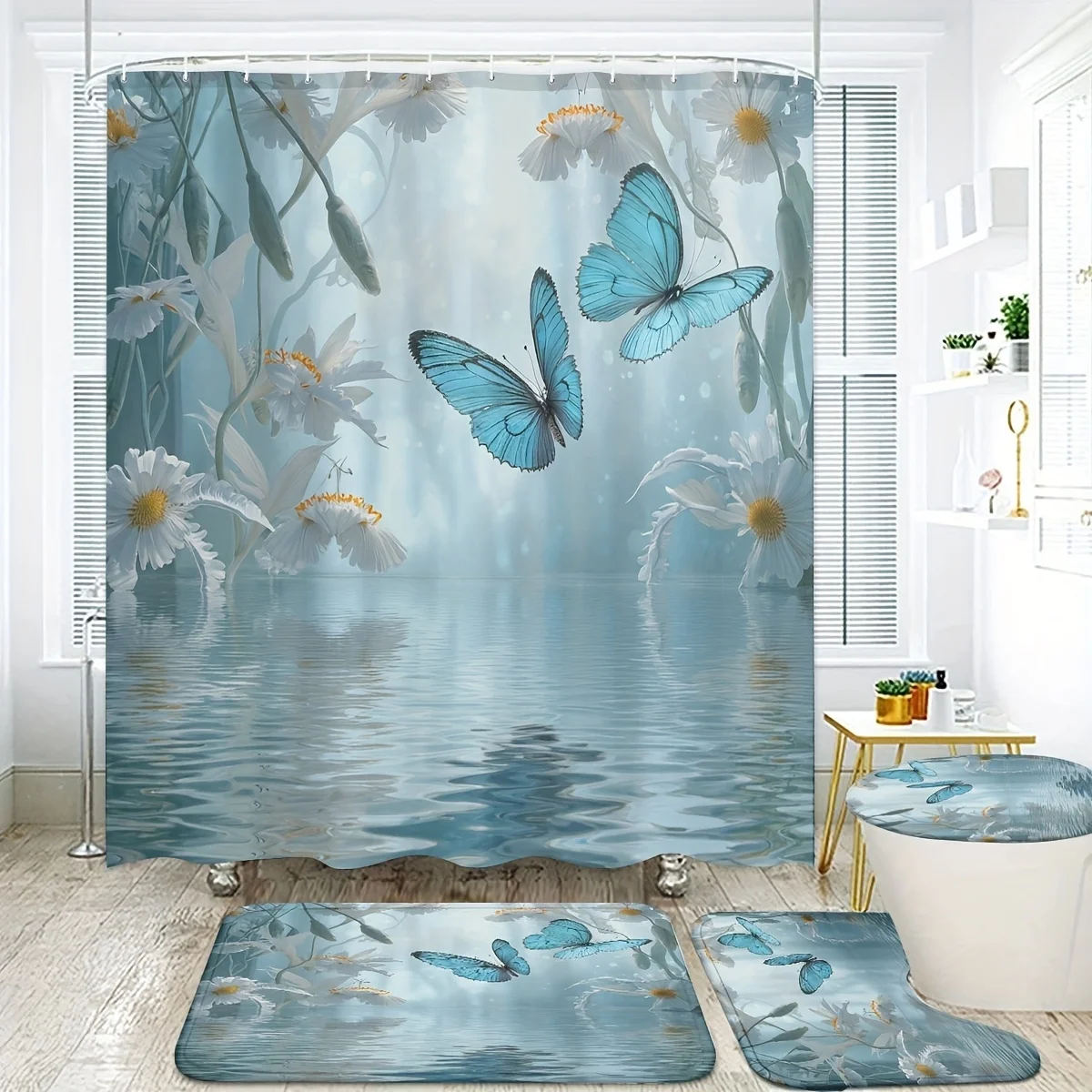 4pc Blue-green butterfly water feature bathroom set, polyester fabric, includes shower curtain + rug + toilet seat, U-shaped mat