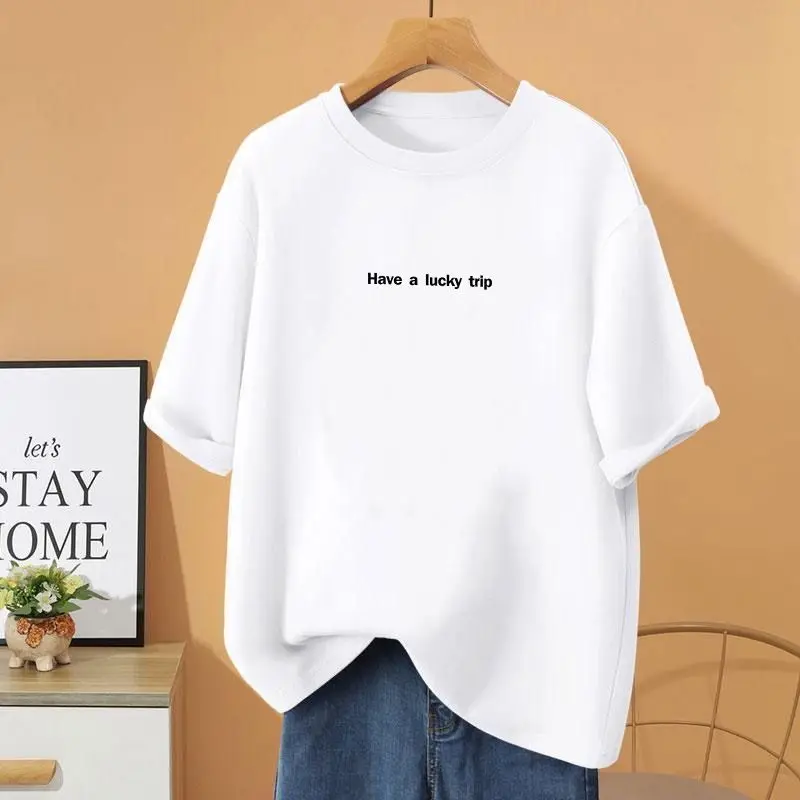 

Summer Letter Printed Short Sleeve Top Tee, Women Clothing Loose Casual Basic Pullovers, 100% Cotton Vintage O-neck T-shirt