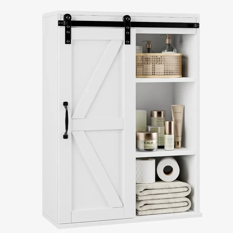 Bathroom Cabinet Wall Mounted, Farmhouse Medicine Cabinet with Sliding Barn Door & Adjustable Shelf,White