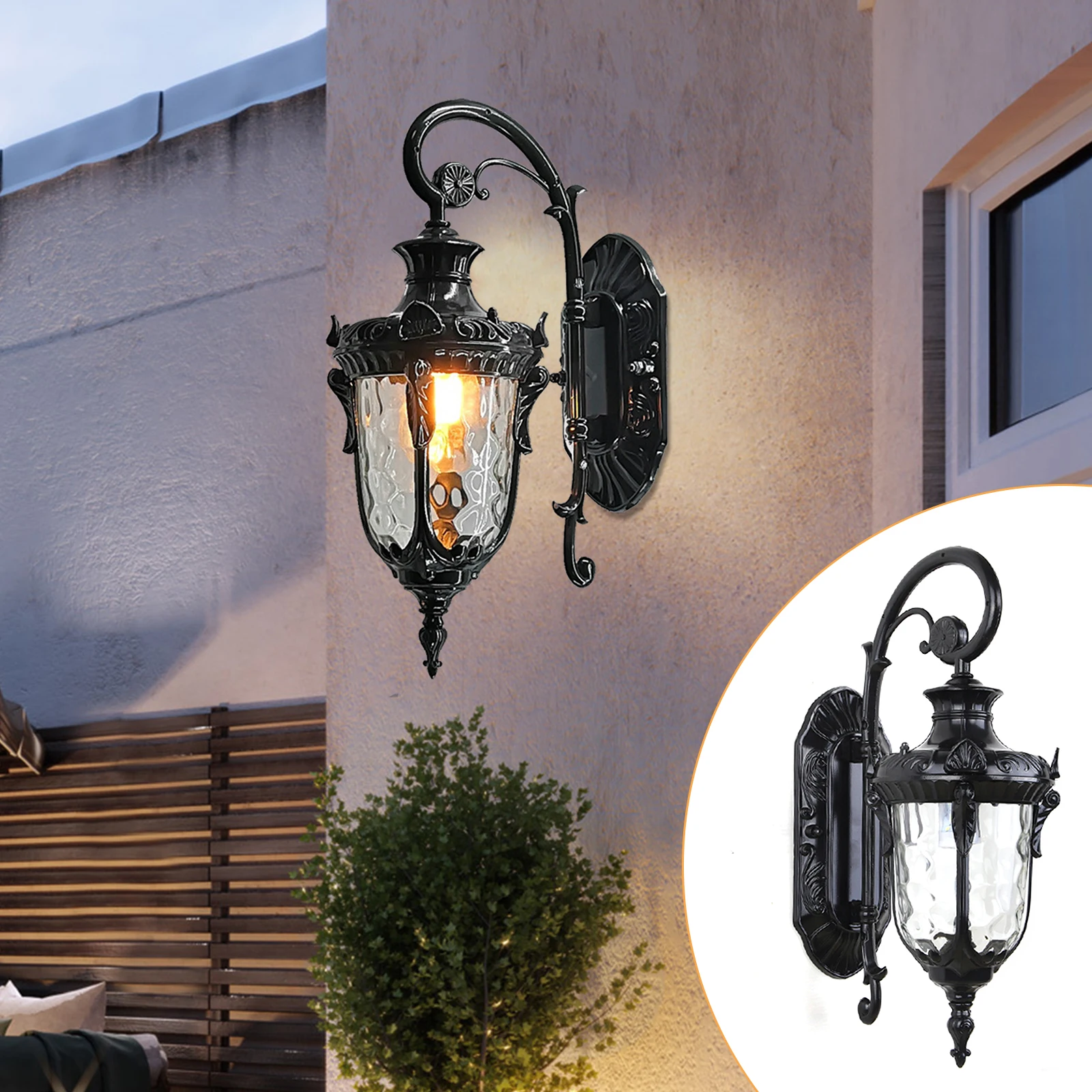 Outdoor Wall Light Fixtures Bronze Exterior Wall Lantern Waterproof Sconce Porch Lights Wall Mount with Hammered Glass Shade