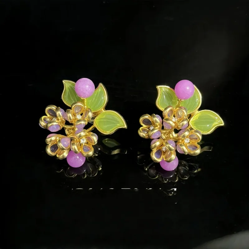

Niche High-end Light Purple Stone Waterdrop Flower Freshgreen Leaf Earrings Exquisite Sweet Earrings Valentines Day Gifts Craft