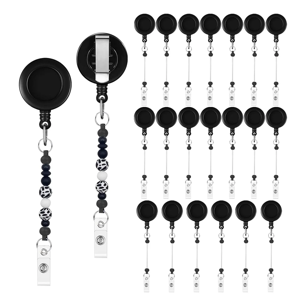 AD11 20 PCS Beaded Retractable Badge Reel Clip, DIY Badge Clip Retractable Clip with Blank Beaded Keychain Rod