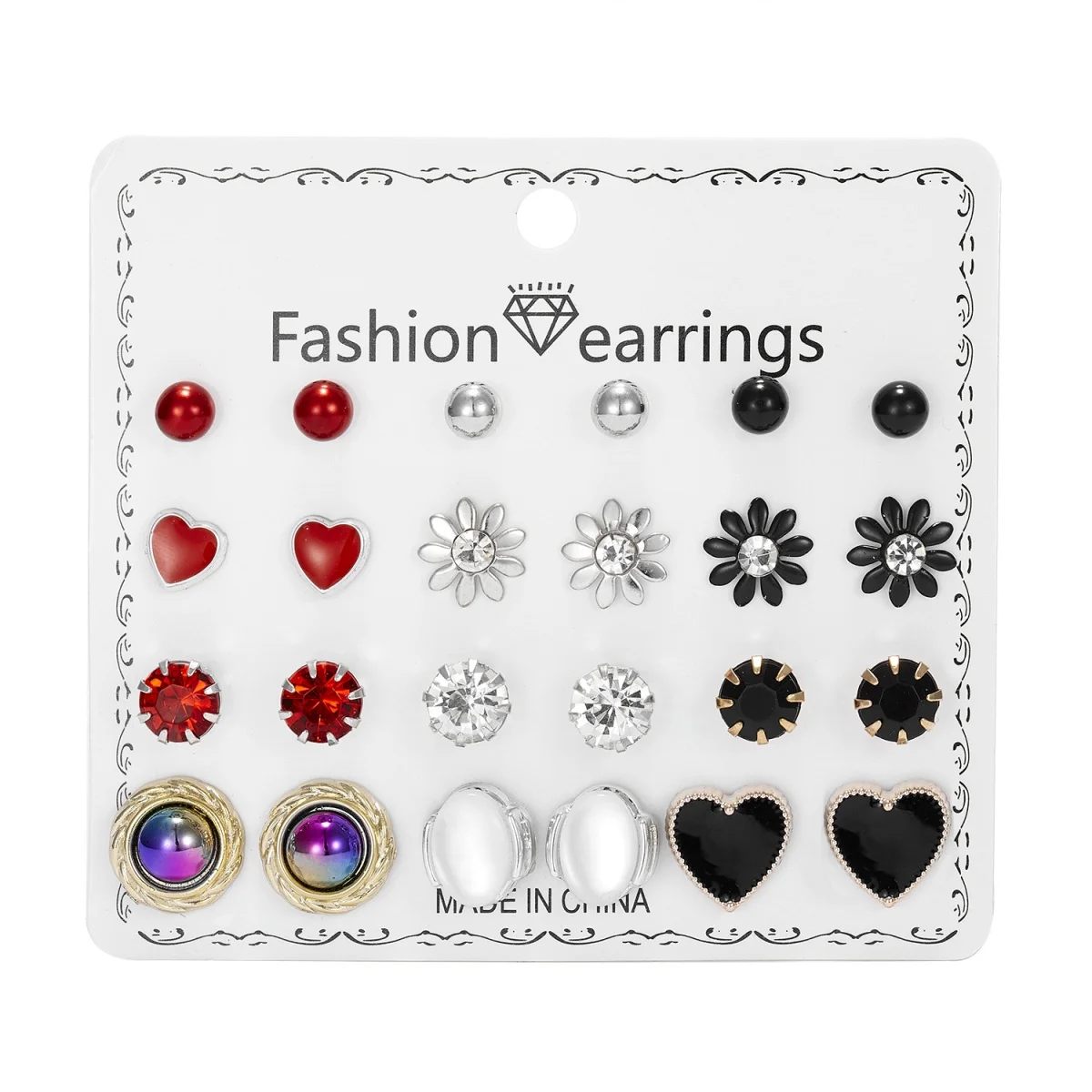 12 Paare/satz Strass Runde Daisy Blume Herz Stud Ohrringe Für Frauen Männer Rot Schwarz Geometrische Oval Ohrringe Partei Schmuck Geschenk