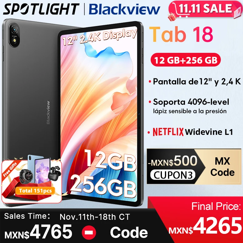 【Мировая премьера】Планшет Blackview Tab 18, 8 ГБ/12 ГБ, 256 ГБ, 12 дюймов, 18 МП, дисплей 2,4 K, FHD+, аккумулятор 8800 мАч, Widevine L1, MTK Helio G99, 33 Вт.