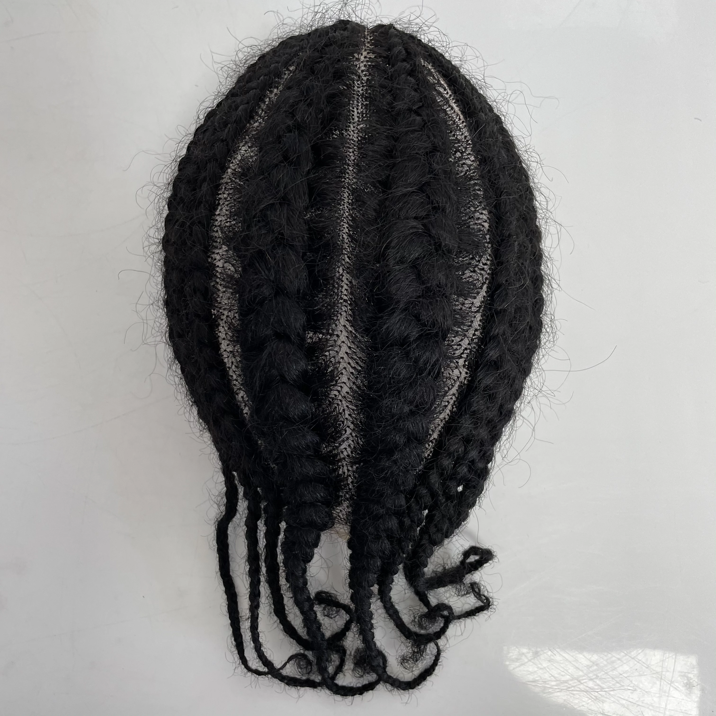 Malaysian Virgin Human Hair Systems Root Afro Corn Braids 1b# Black Color 8x10 Full Lace Toupee for Blackman