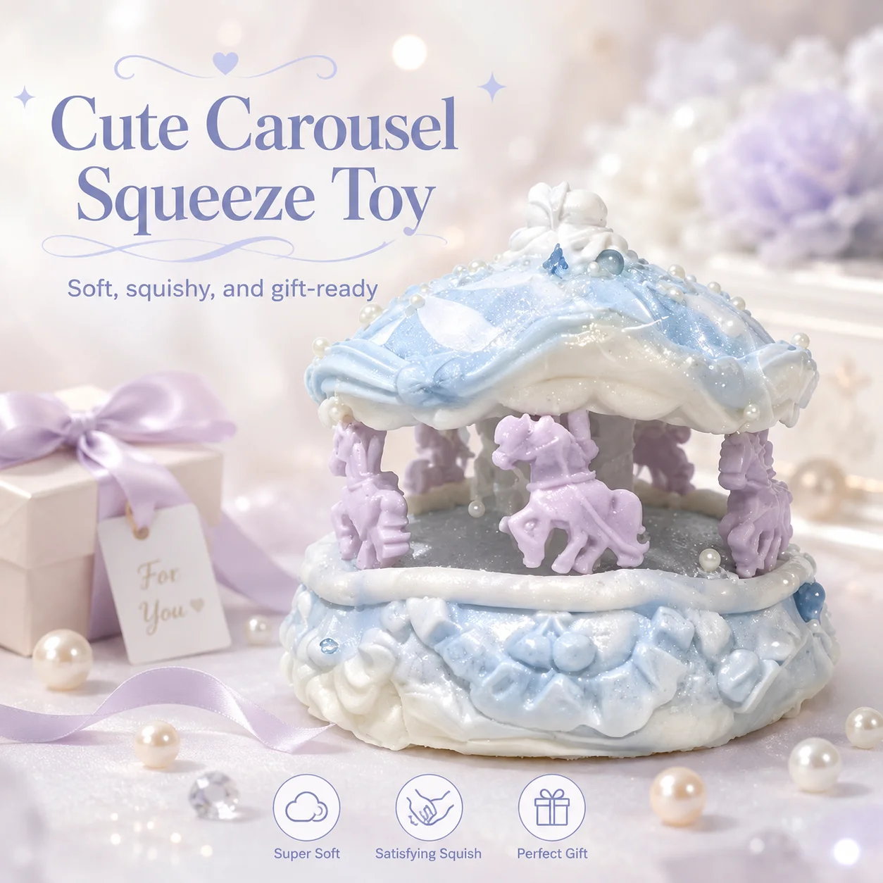 Cute Rotating Horse Carousel Squeeze Toy Food Grade Soft Fidget Toy Blue Gradient Pearl Decor Anxiety Relief Slow Rising