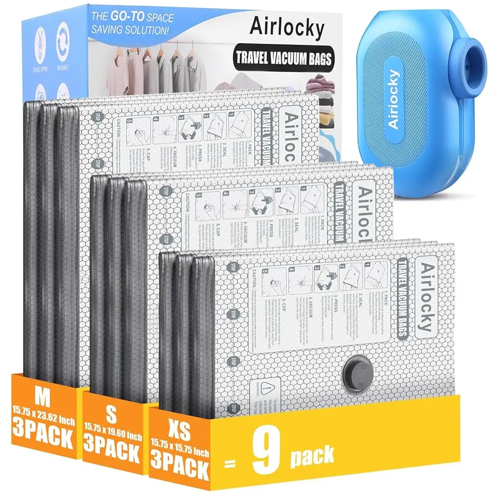 

Free ShippingTravel Vacuum Storage Bags with Pump, 9 Pack Carry-on Compression Packing Bags + Portable Electric Pump, 80% Space