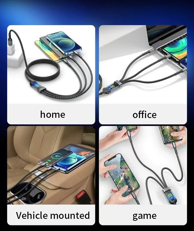 4PCS 3-IN-1 100W Nylon Woven Fast Charging Cable With Type-C, Micro USB, IP Port Compatible With Multiple Devices Multi Port Multiple Charging Wire