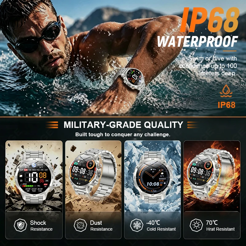 LIGE 1400mAh Battery Smart Watch Men Military Flashlight IP68 Waterproof Watch Heart Rate Bluetooth Call Outdoor Sports Bracelet