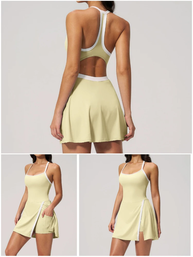 VITALINOVO Tenniskleid mit Eingebauten Shorts und BH Sportkleid für Damen Sommer Cut-Out Golf-Workout-Kleid mit Seitenschlitz – Detail 9
