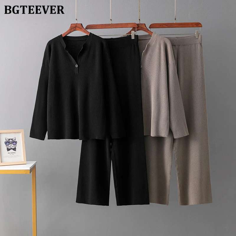 BGTEEVER Autumn Winter Casual Warm Loose Female Knitted Outfits Long Sleeve Lapel Sweaters & Wide Leg Pants Women 2 Pieces Set