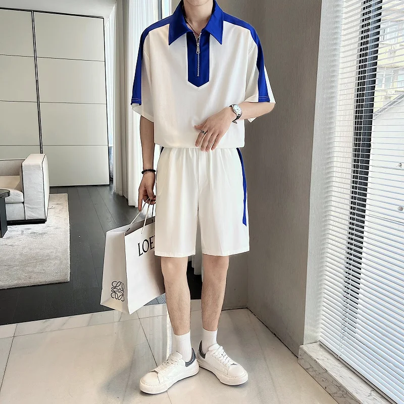 Men's Sets Contrast Color Spliced Half Sleeve T-shirt Knee-length Side-stripe Elastic Waist Shorts Japanese Style Teenagers Soft