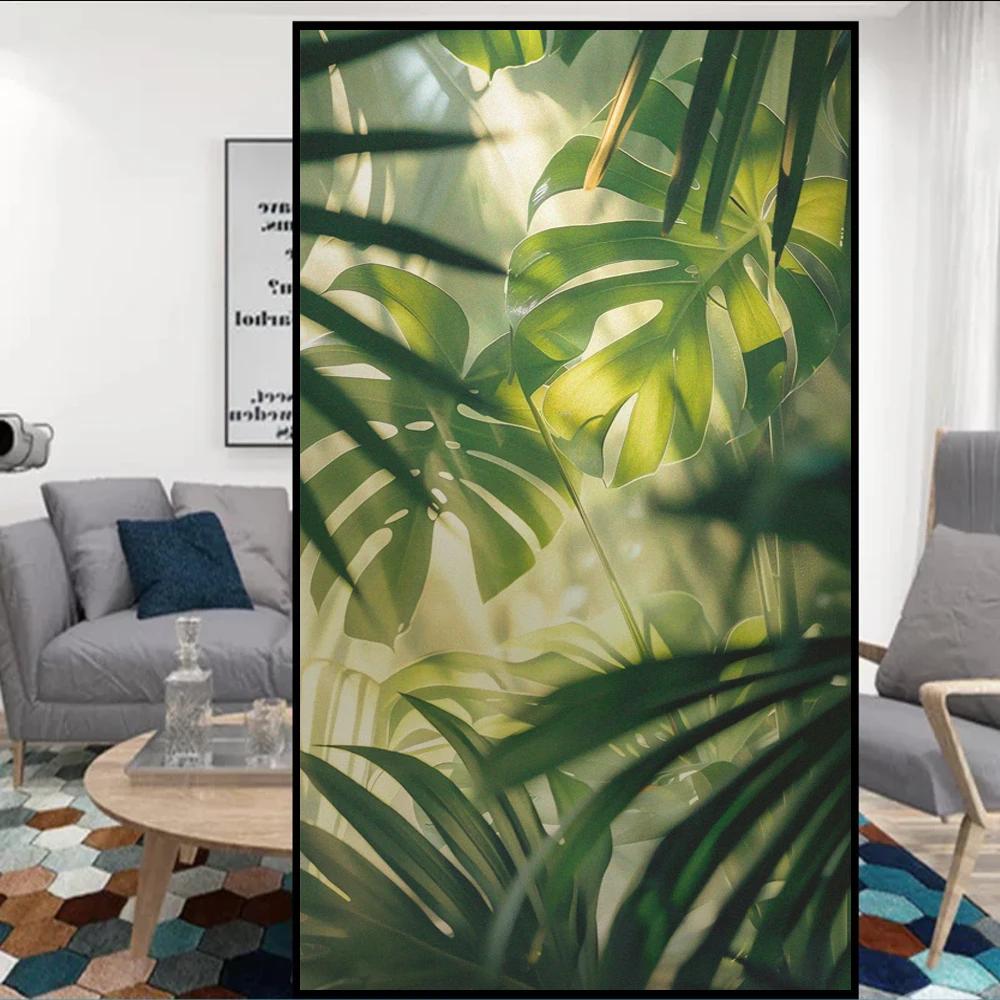 Static Cling Frosted Not Transparent Privacy Window Film Heat Control UV Blocking Glass Sticker Green Plants Window Tint