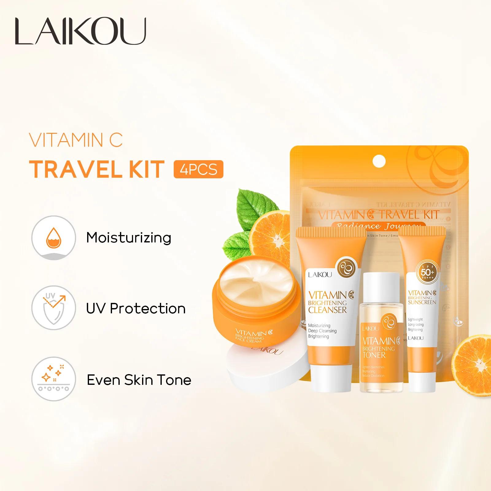 4pcs Vitamin C Skin Care Sets Face Cream Facial Cleanser Essence Spf 50+ VC Sunscreen Moisturizing Refresh Face Care Travel Suit