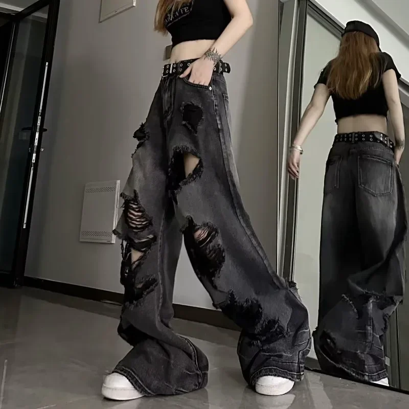 

Korean Harajuku Women Fashion Cargo Jeans Street Ripped Details Straight Leg Denim Trousers Casual Baggy Pants Y2k Streetwear