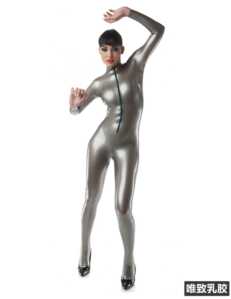 

Latex catsuit pure natural latex men's and women's pearl silver latex jumpsuit with tight height and elastic customization