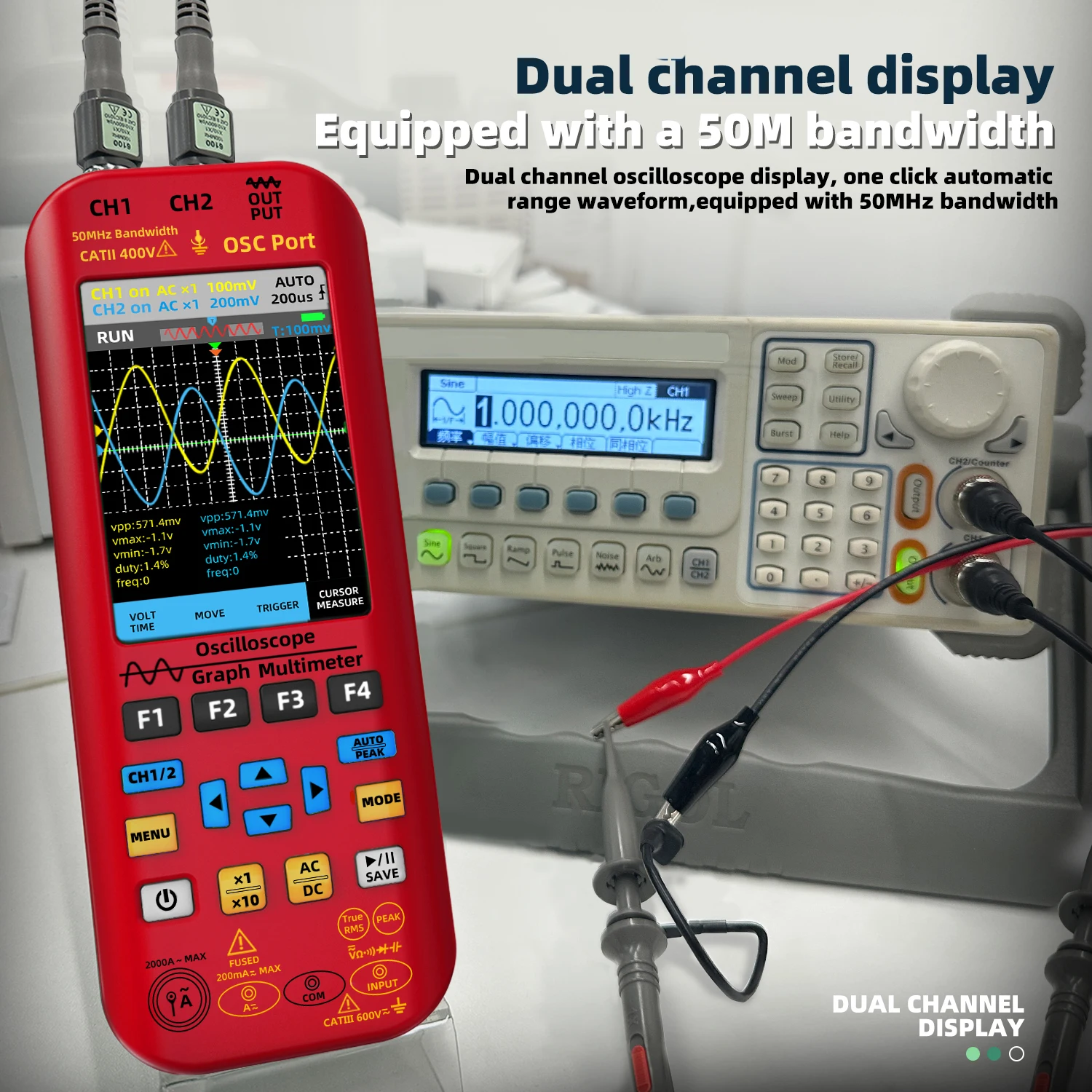 NEW Handheld Oscilloscope Multimeter DDS Generator 2 Channels, 50MHz Bandwidth 250MSa/s Sampling Rate 20000 Counts voltmeter