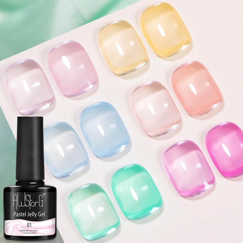 AWStorG ชุดยาทาเล็บเจลลี่สีพาสเทล 6 ชิ้น/ชุด ขนาด 7.5 มล. ยาทาเล็บเจลลี่ใสแบบโปร่งแสง ล้างออกได้ด้วยการแช่ ยาทาเล็บเจลลี่แบบกึ่งถาวรสำหรับตกแต่งเล็บ