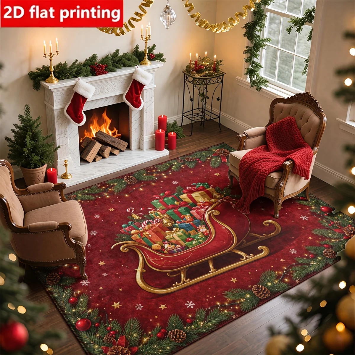 1pc 2D Flat Christmas Sleigh Gift Box Pine Cone Printed Floor Mat, Decorative Rug for Living Room, Bedroom, Home
