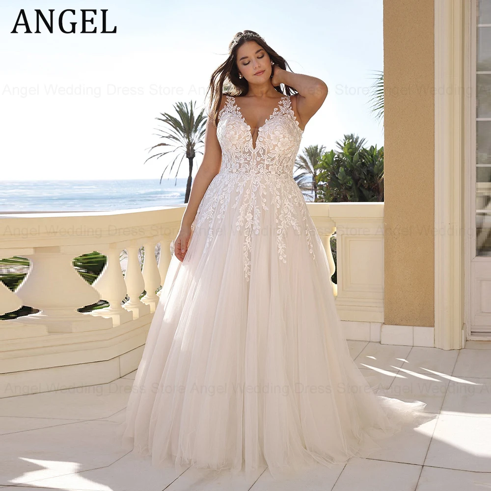 

ANGEL Elegant Plus Size Wedding Dresses Customized 2025 A-line V-Neck Tulle Lace Long Bridal Gowns Sleeveless Vestidos de Novia