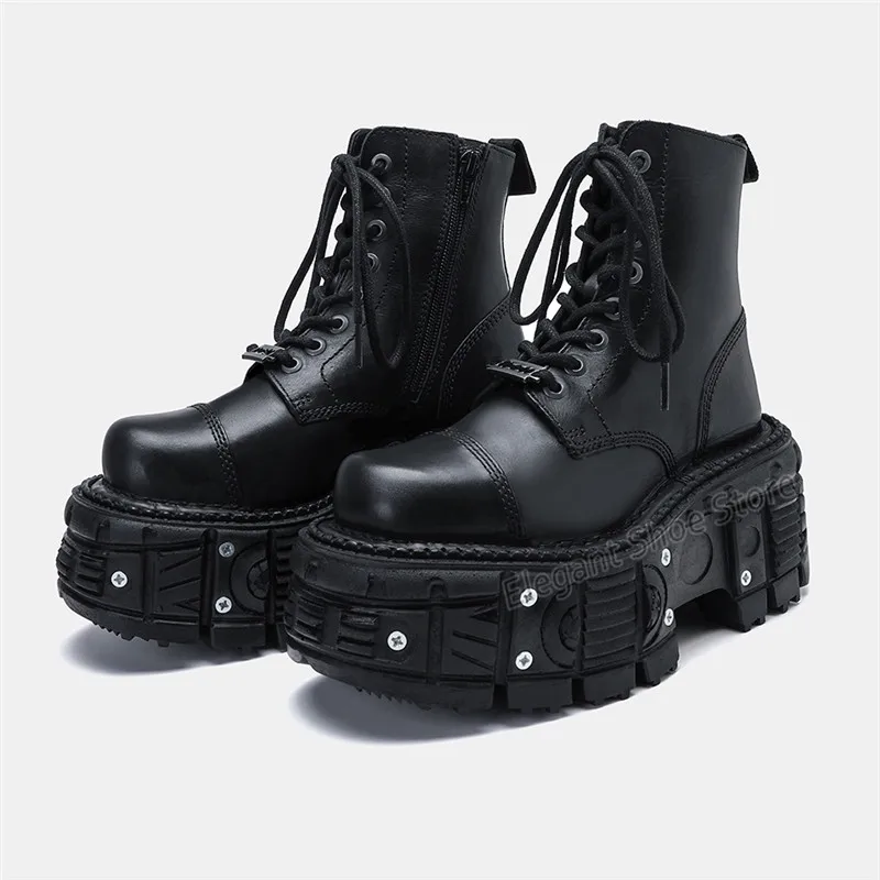 Stivali da moto con suola spessa da donna stivali corti con lacci neri con plateau e punta tonda autunno inverno nuove scarpe da uomo all'aperto in stile Punk