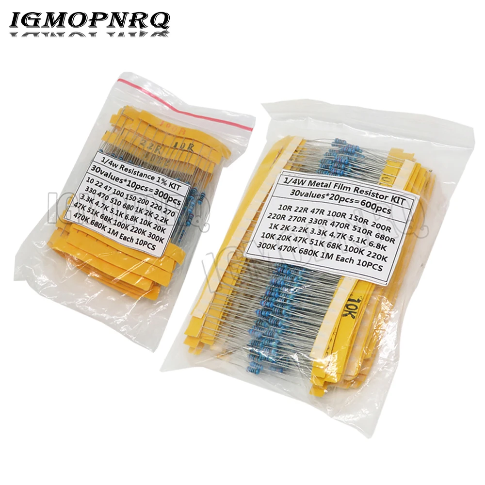 600PCS/set 30 Kinds 1/4W Resistance 1% Metal Film Resistor Pack Assorted Kit 220ohm 470R 1K 10K 20K 100K 1M Resistors 300PCS/Set