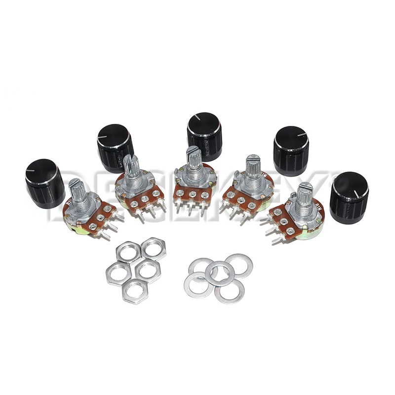 5Set WH148 15mm Linear Potentiometer 3pin 1K 2K 5K 10K 20K 50K 100K 250K 1M With Black Aluminum Alloy Knob Cap Potentiometer Kit
