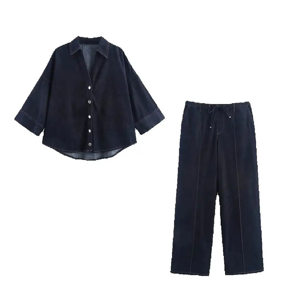 

European and American style autumn new women's wide sleeved fashionable collar denim shirt, mid waist pants