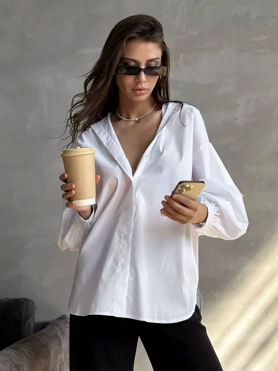 

Temperament Commuting Lantern Sleeves Women's Solid Color Casual Shirt Summer New Designer Versatile Loose Round Neck Shirt