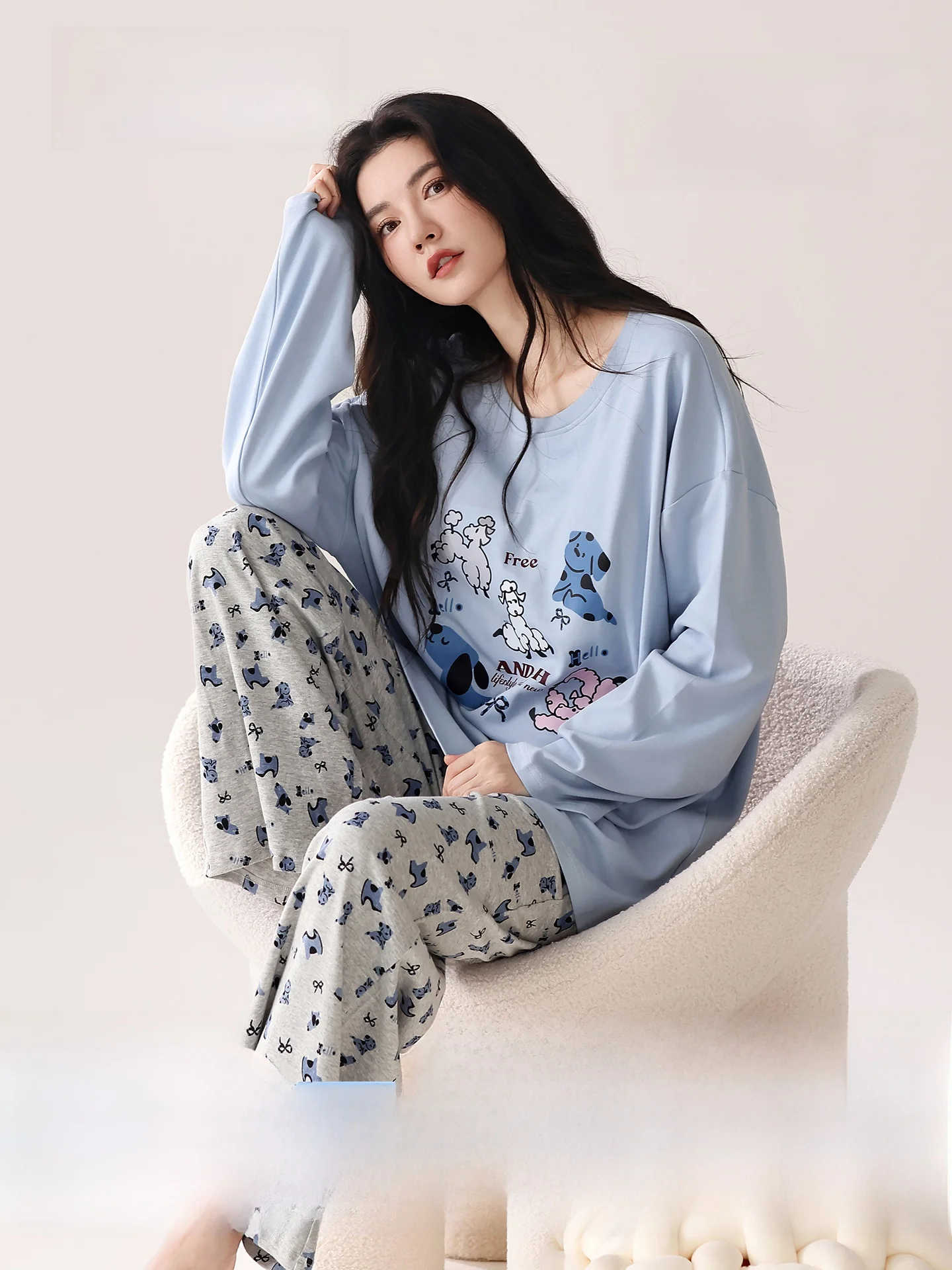 pure-cotton-sleepwear-women's-spring-autumn-new-long-sleeve-long-pants-can-be-worn-outside-home-clothes-with-chest-pad