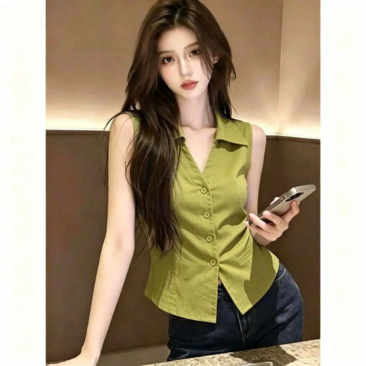 Elegant Summer Women's Shirt Collared Slim Fit Sleeveless Fashionable Waist-Cinching Top Ladylike Fairy Tale Style