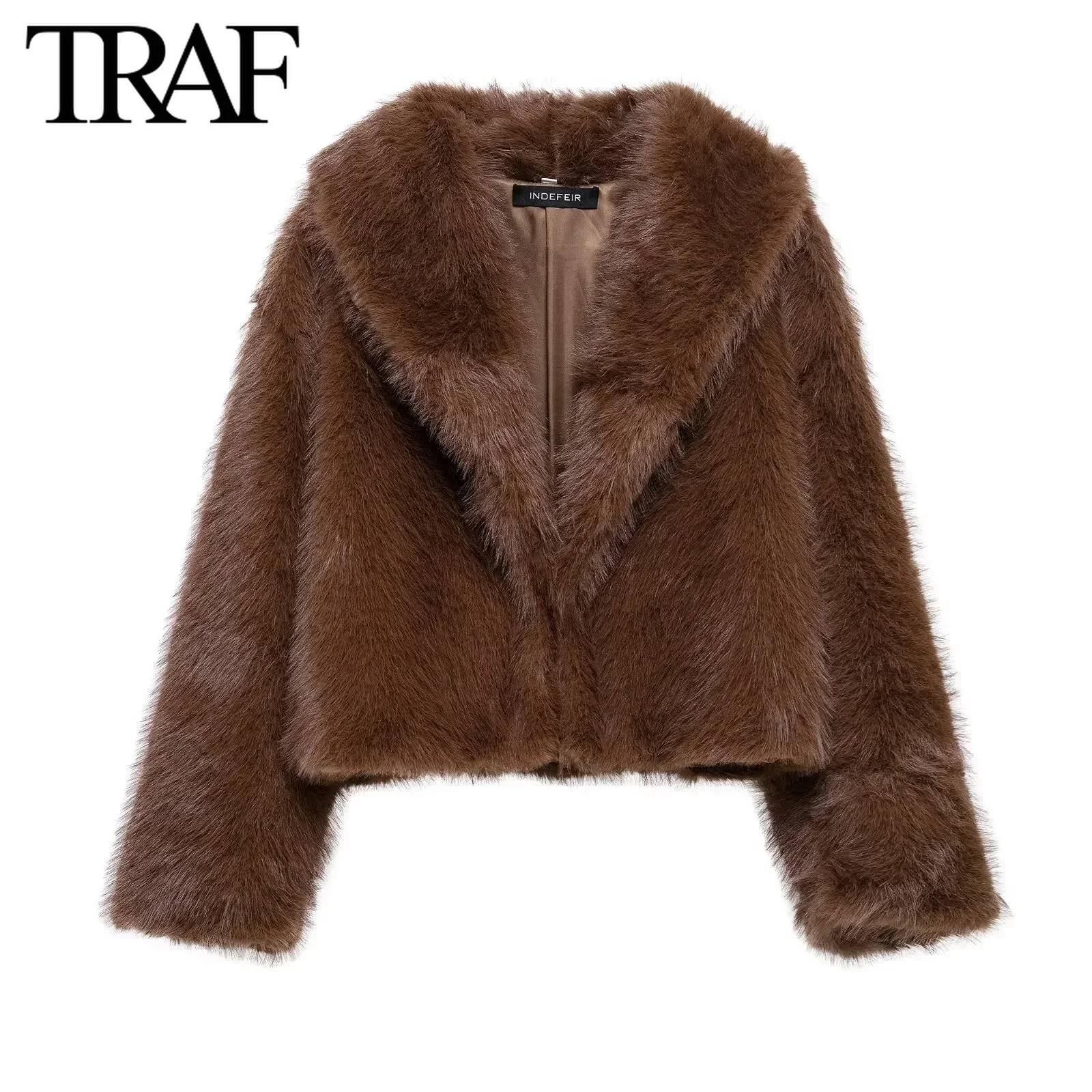 TRAF Faux Fur Coat for Women Fashion Autumn Winter New Artificial Fur Effect Long Sleeves Lapel Thick Warm Short Jacket Coats