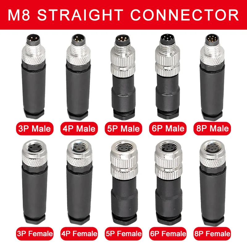 M8 Sensor Connector Waterproof Male&Female Plug Straight Angle Screw Threaded Coupling 3pin 4pin 5pin 6pin 8pin