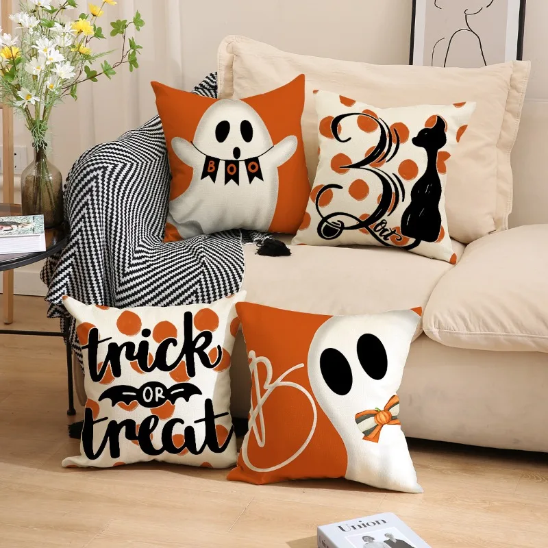 

Halloween Hey Boo Cute Ghost Spooky Throw Pillow Covers,45x45cm Set of 4 Horror Scary Cushion Case for Sofa Couch
