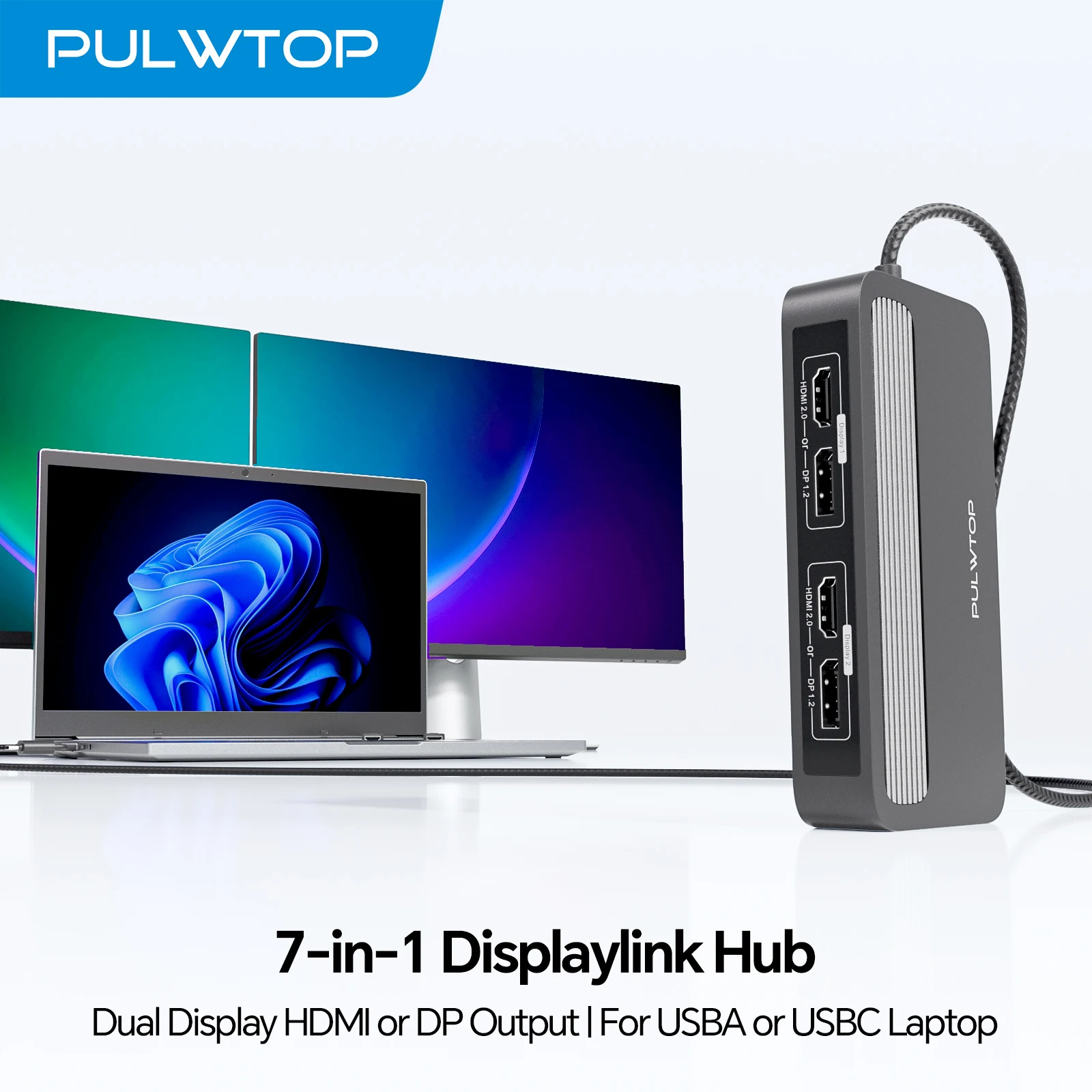 

Док-станция PULWTOP DisplayLink с HDMI и DP, USB A 2.0, Ethernet, док-станция с двойным дисплеем 4K при 60 Гц для MacBook/Windows