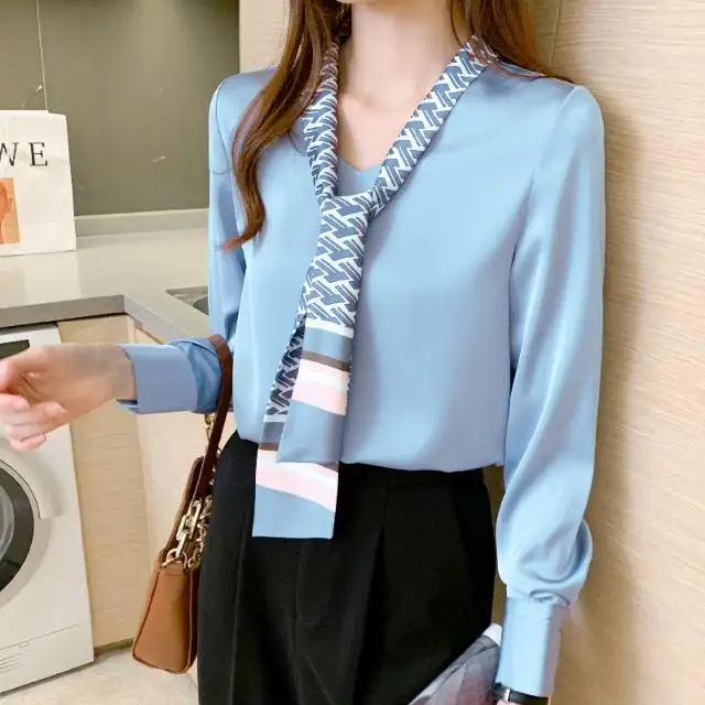 

Women's Long Sleeve Blouse 2025 Spring New Korean Style Loose Print V Neck Chiffon Shirt Elegant Bow Tie Top