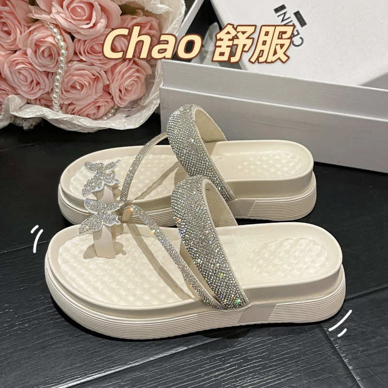 Women Flip Flops Summer Shing Rhinestone Leather Slipper Luxury Bowknot Pinch Toe Anti-Slip Zapatos De Mujer Indoor and Outdoor