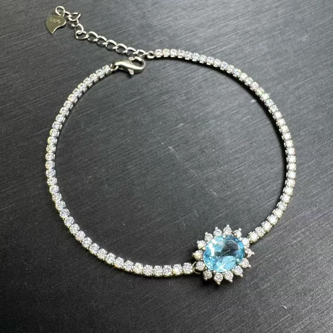 

1 шт. Fengbaowu натуральный синий топаз браслет-цепочка граненая овальная форма стерлингового серебра 925 пробы модные ювелирные изделия подарок для женщин