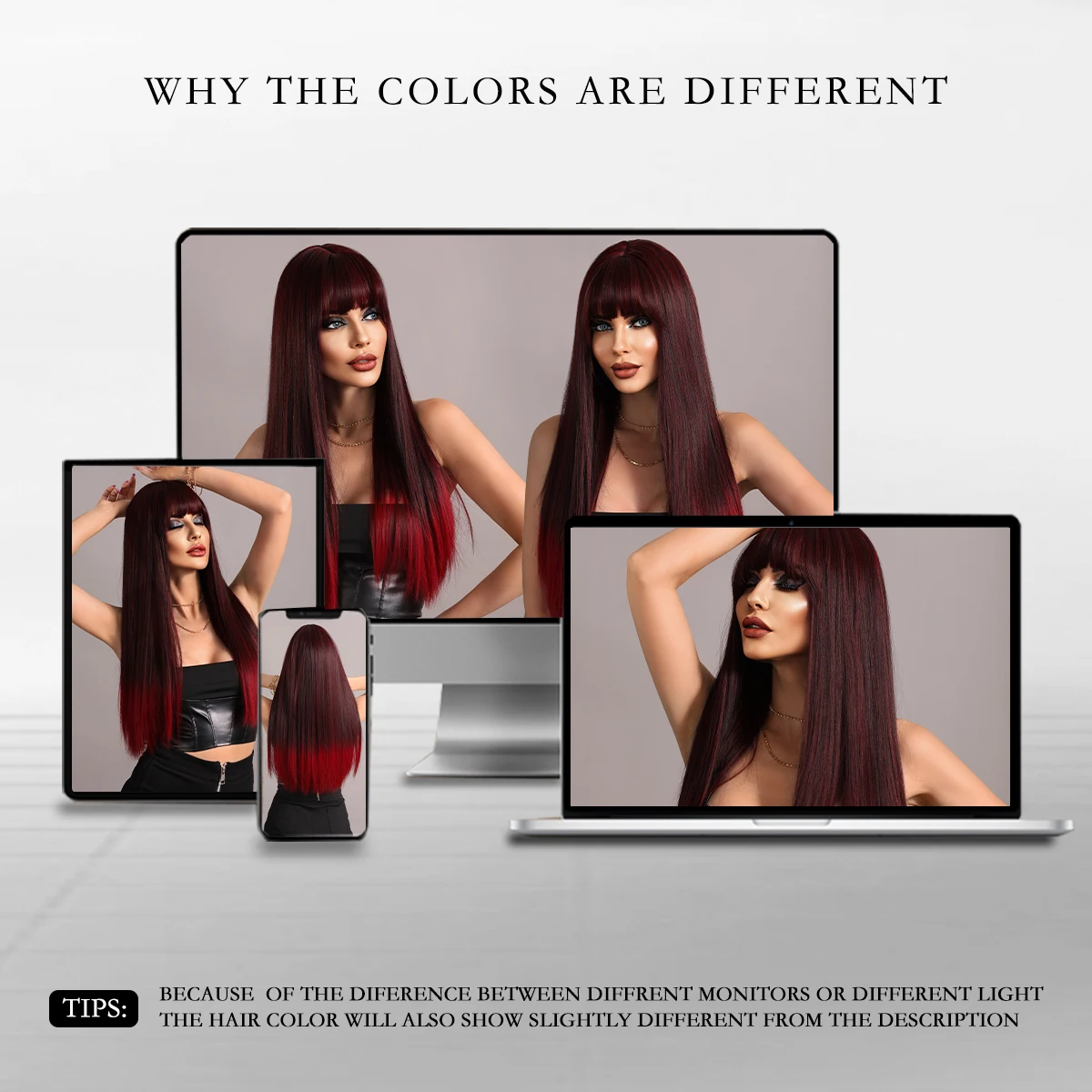 7JHH WIGS Long Straight Wigs with Bang Ombre Dark Red Black Synthetic Hair Wig for Women Daily Cosplay Party Heat Resistant Hair