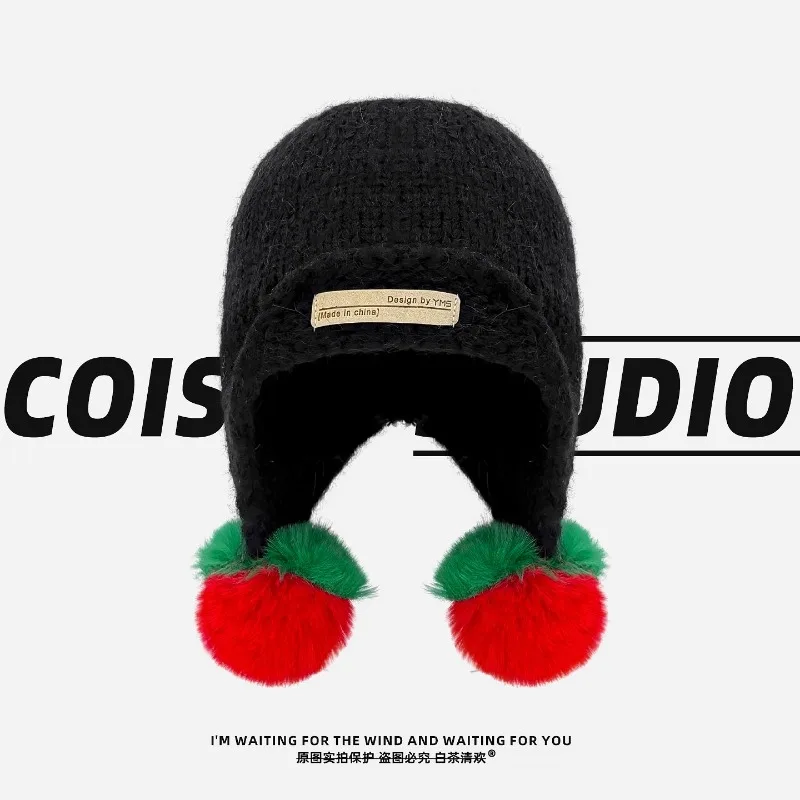 여성용 겨울 스트리트 따뜻한 보호용 귀덮개 다용도 파일럿 모자, 한국 도파민 대비 색상 폼폼 니트 비니