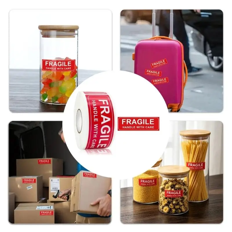R53C Handle With Care Stickers, 1x3inch, Red and White Adhesive Warning Labels for Packing Boxes and Shipping Cartons
