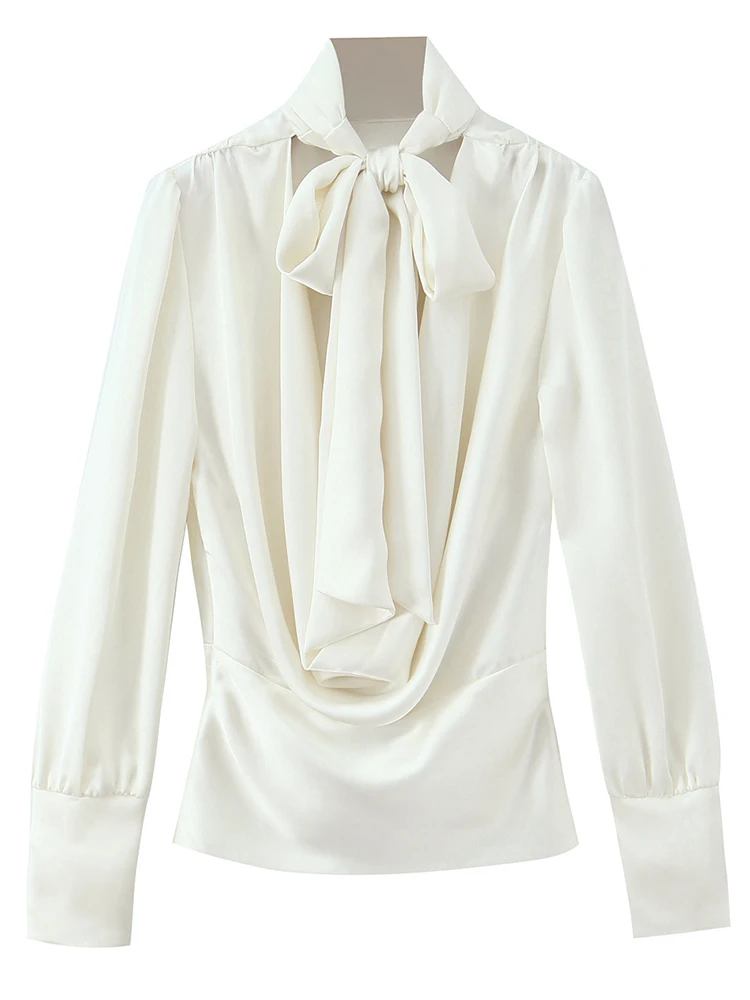Women Leisure Blouse 2025 Women  Autumn New Fashion Long Sleeve Wrinkle Bow Decoration Shirt Women High Street loose Tops