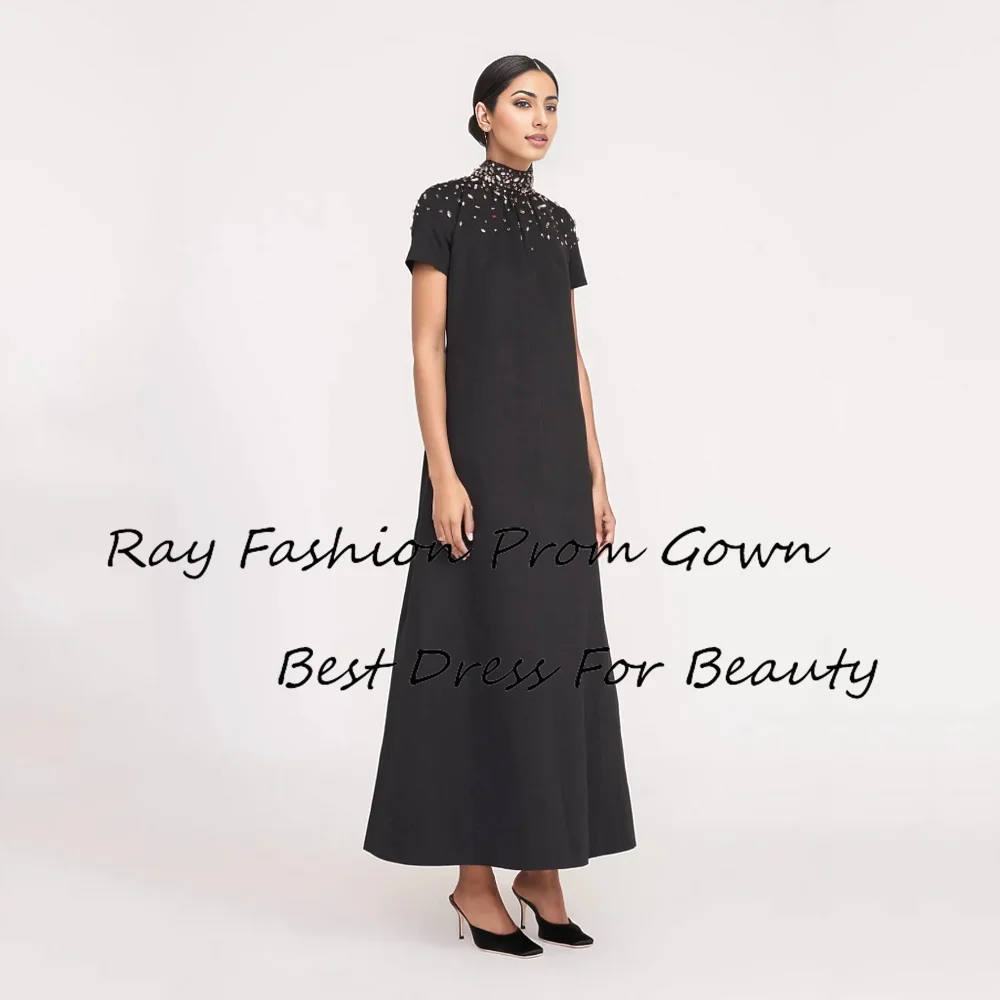 Ray Fashion A Line Evening Dress High Neck With Short Sleeves Crystal For Ankle Length Formal Occasion Saudi Arabia فساتين سهرة