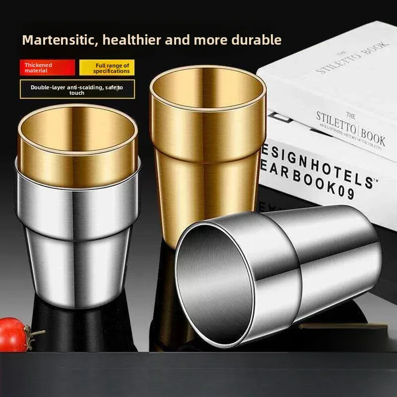 

Korean Style Double Layered Thickened Stainless Steel Beer Cup Heat Insulation Restaurant Coffee Cup Commercial Use Water Cup
