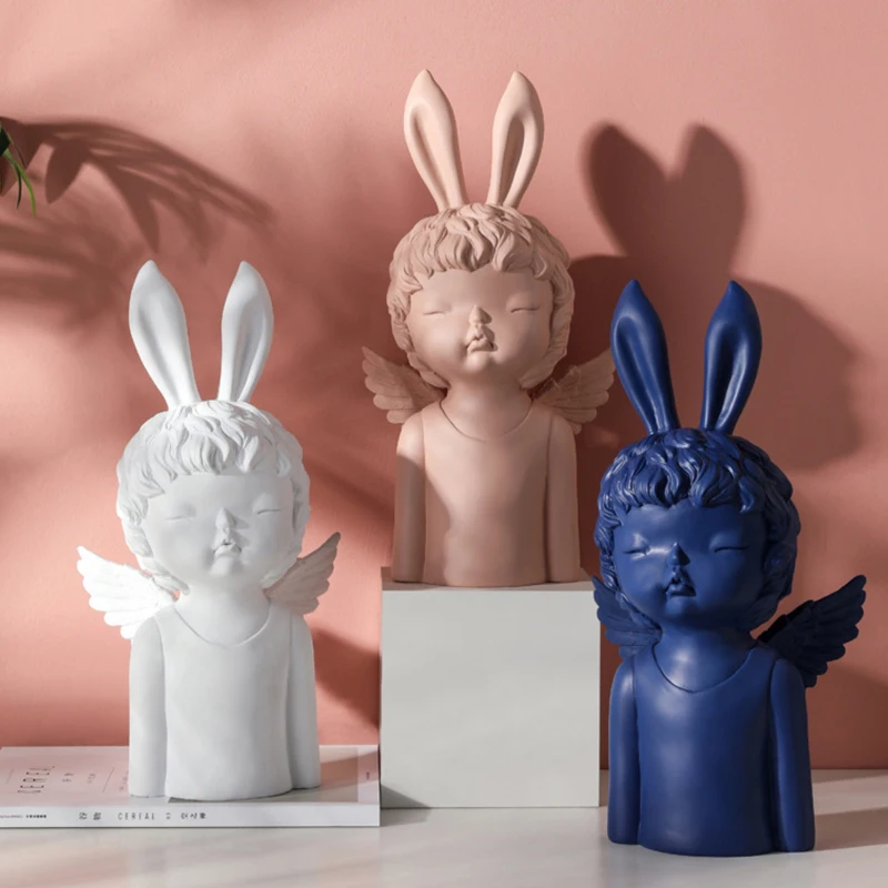 

European Resin Cute Angel Rabbit Boy Ornaments Home Livingroom Porch Table Furnishing Crafts TV Cabinet Office Hotel Decoration